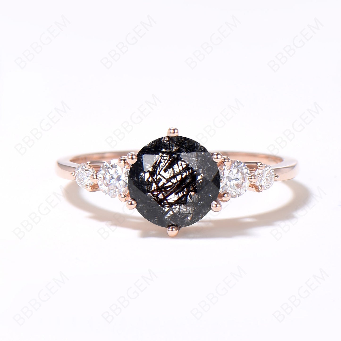 Round Cut Natural Black Rutilated Quartz Engagement Ring Set Vintage 5 Stone Moissanite Ring 14k Rose Gold Black Diamond Bridal Set