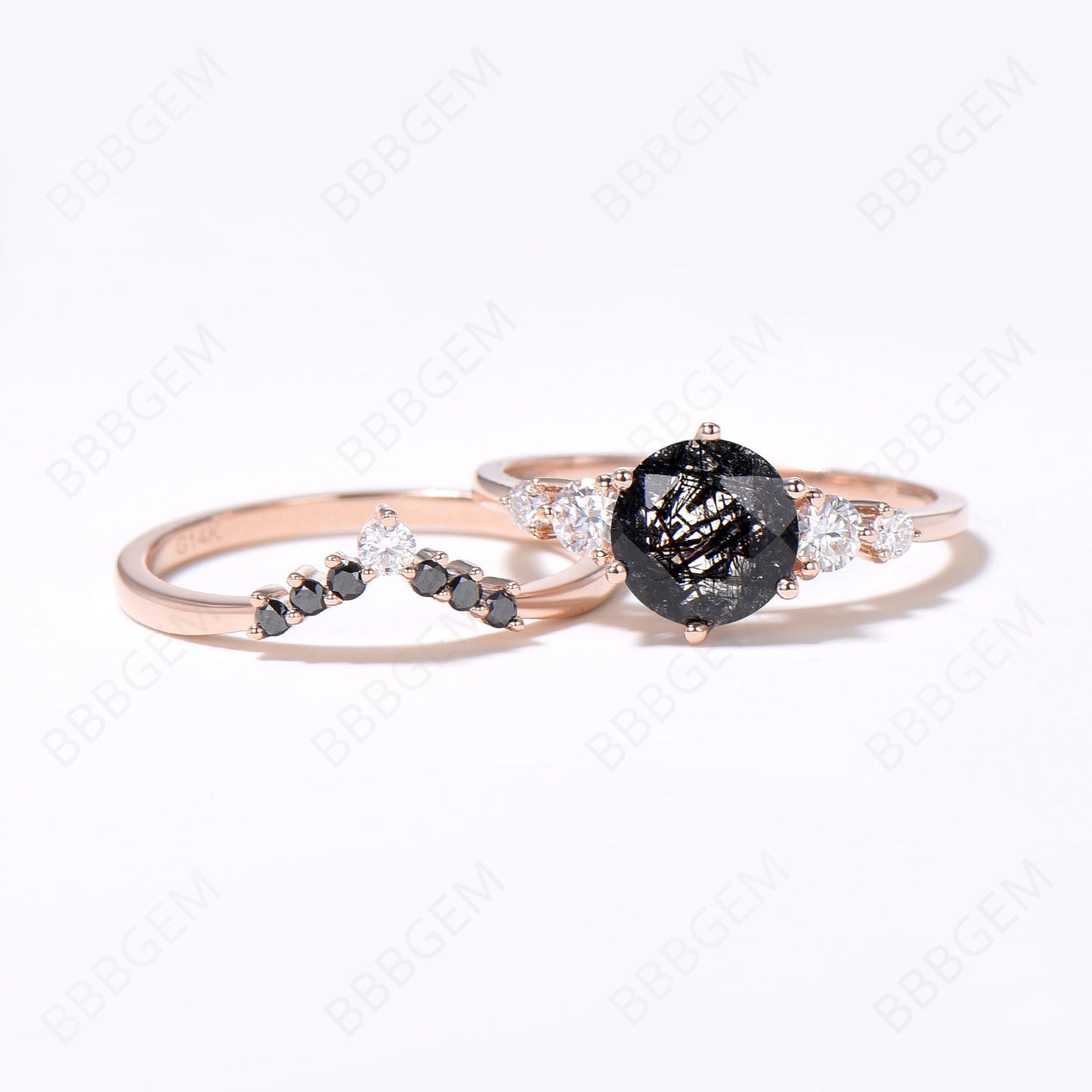 Round Cut Natural Black Rutilated Quartz Engagement Ring Set Vintage 5 Stone Moissanite Ring 14k Rose Gold Black Diamond Bridal Set