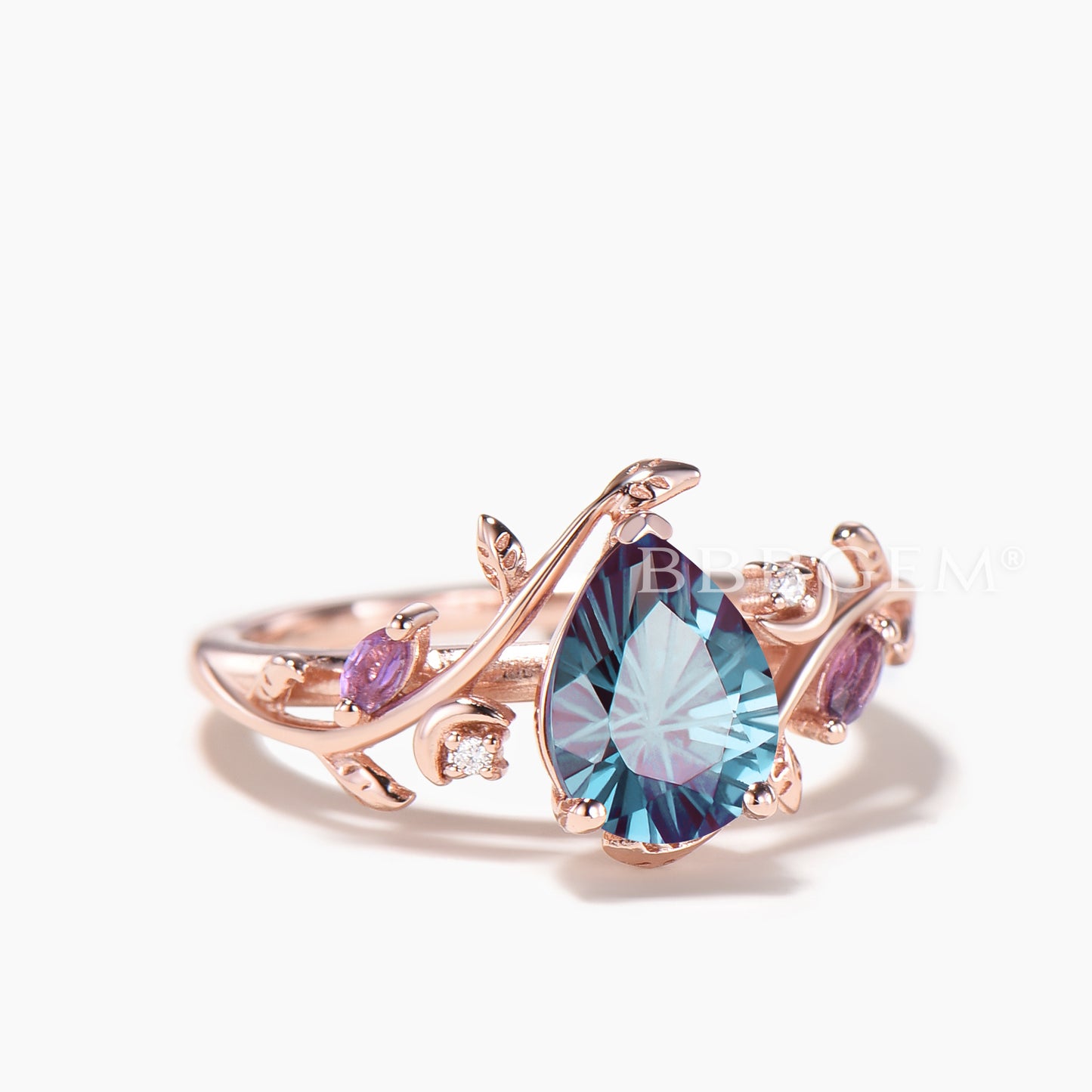 Pear Shaped Firework Cut Color-change Alexandrite Nature Inspired Ring
