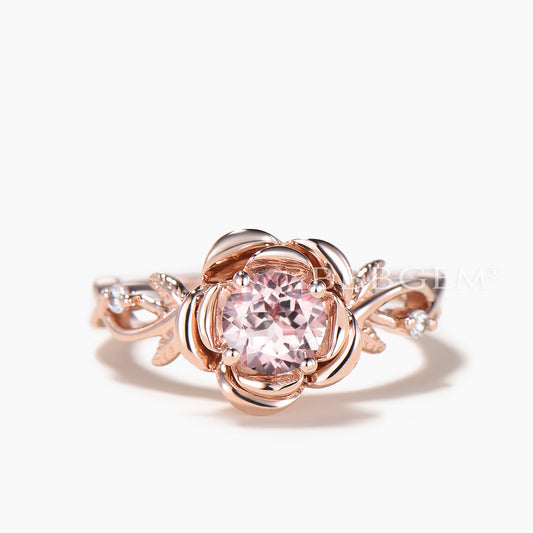 Round Cut Natural Morganite Floral Ring Diamond Inspired Rose Gold Twisted Ring