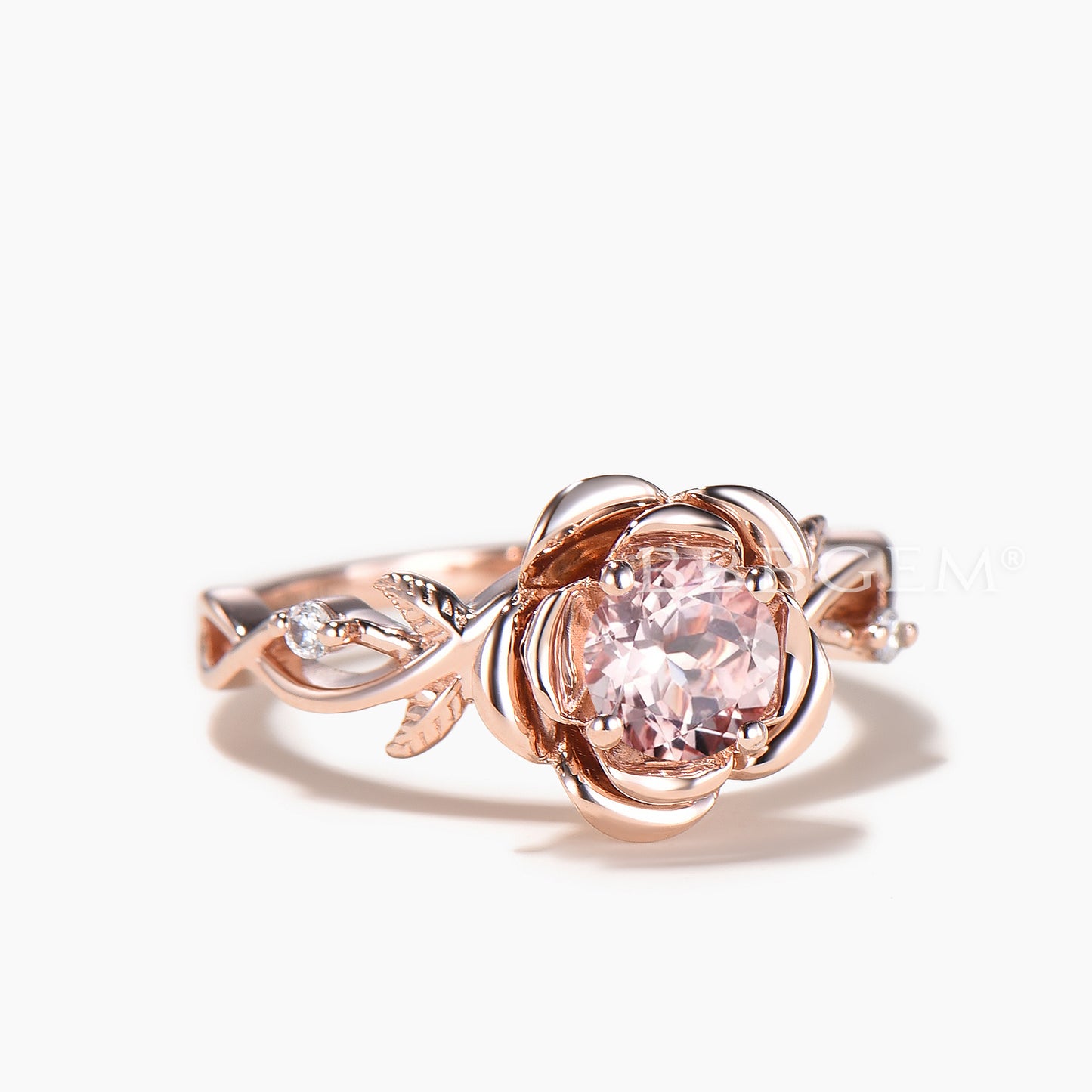 Round Cut Natural Morganite Floral Ring Diamond Inspired Rose Gold Twisted Ring