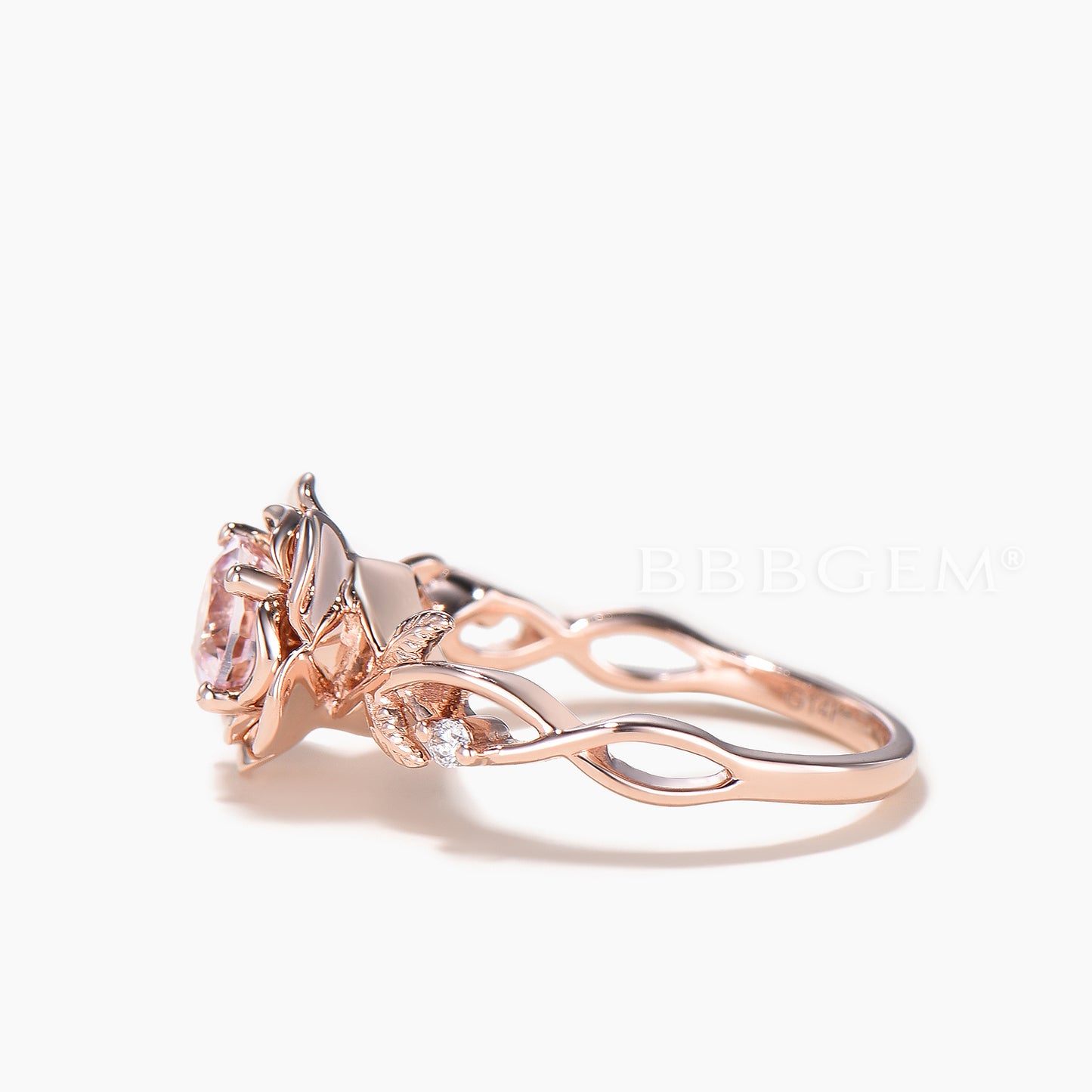 Round Cut Natural Morganite Floral Ring Diamond Inspired Rose Gold Twisted Ring