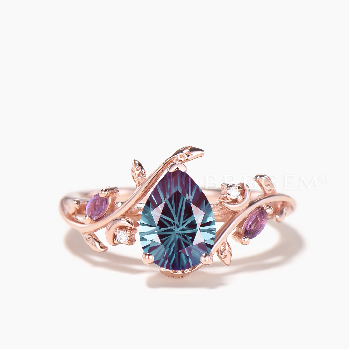 Pear Shaped Firework Cut Color-change Alexandrite Nature Inspired Ring