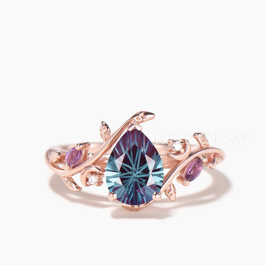 Pear Shaped Firework Cut Color-change Alexandrite Nature Inspired Ring