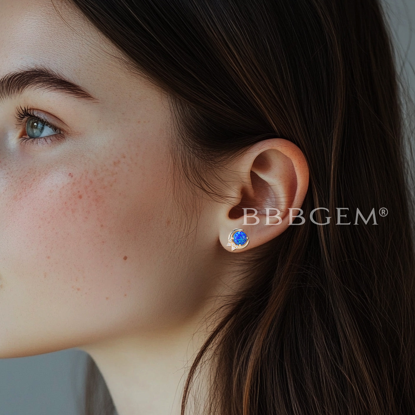 Round Cut Black Opal Moon Stud Earrings Diamond Yellow Gold Wedding Earrings