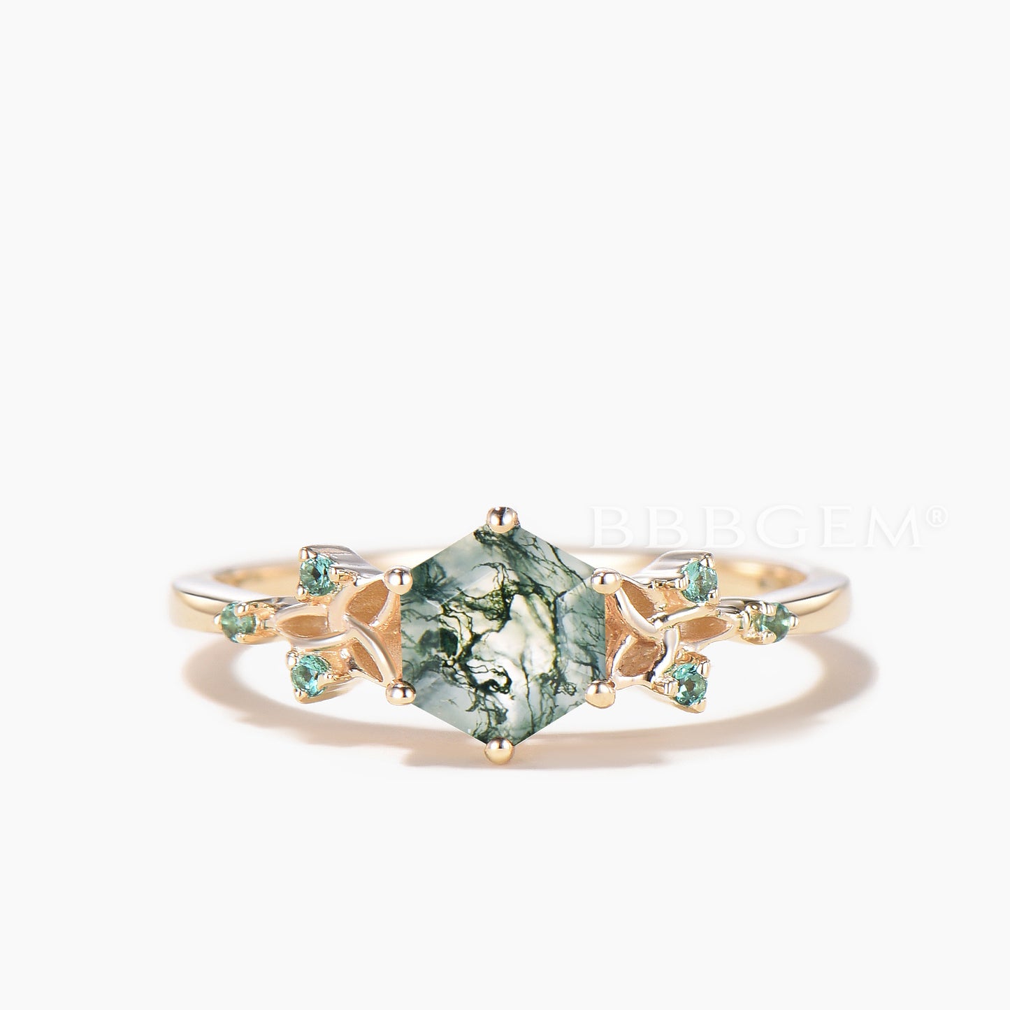 Hexagon Cut Natural Moss Agate Engagement Ring Emerald Celtic Knot Ring