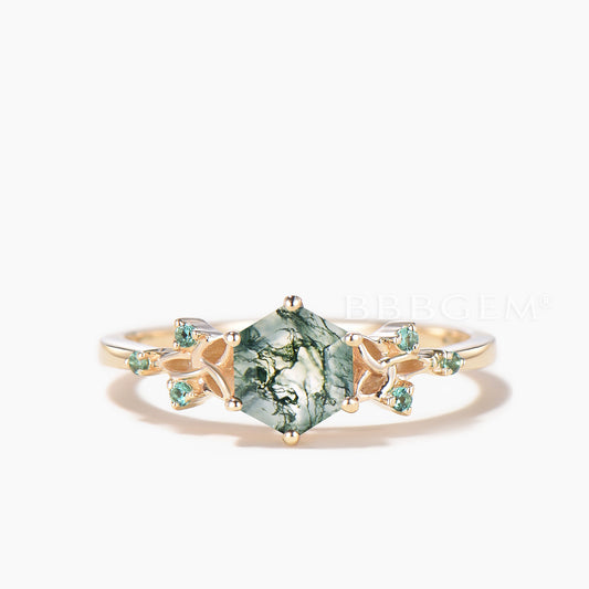 Hexagon Cut Natural Moss Agate Engagement Ring Emerald Celtic Knot Ring