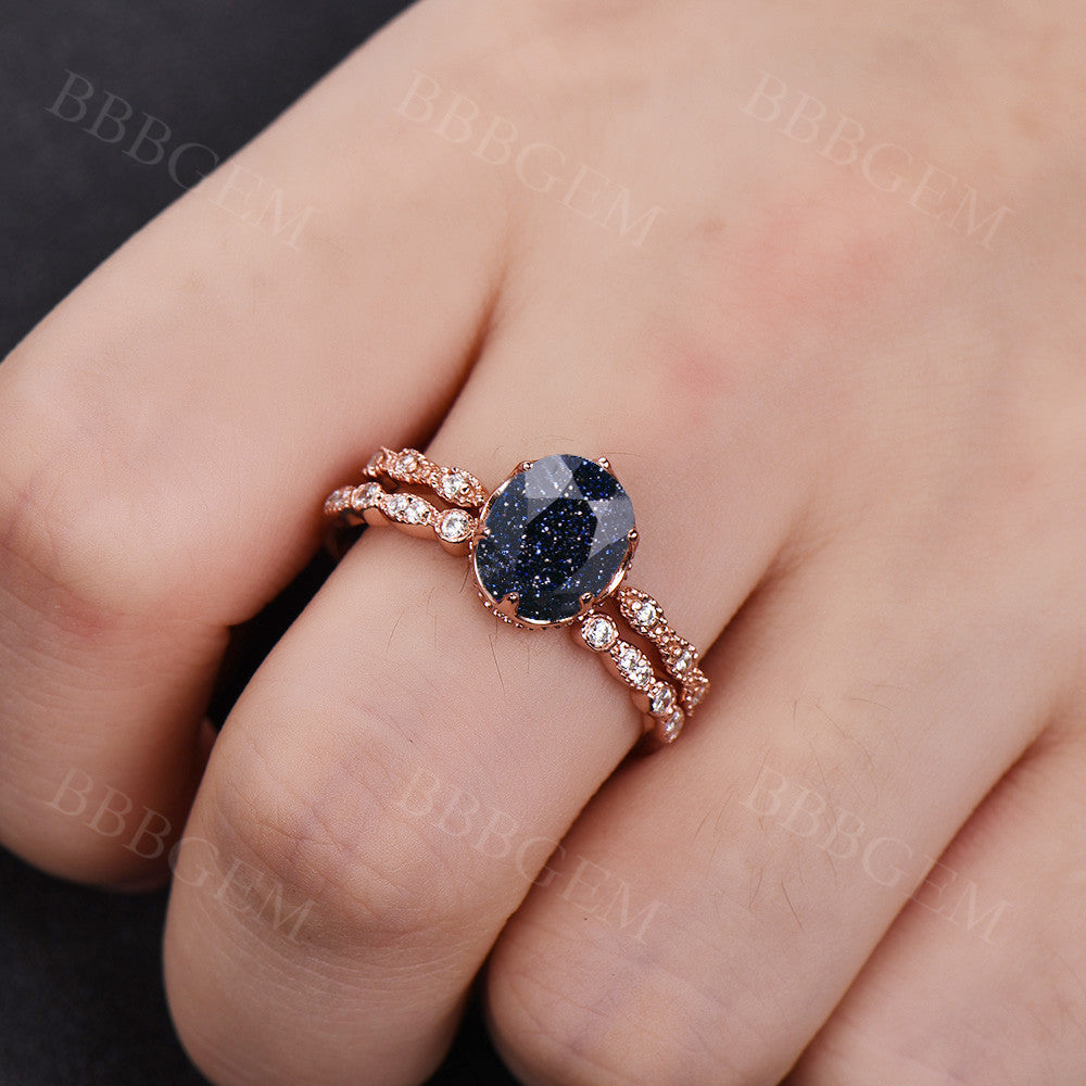 Diamond Open Gap Matching Band-BBBGEM 2pcs Blue Sandstone Diamond Bridal Set