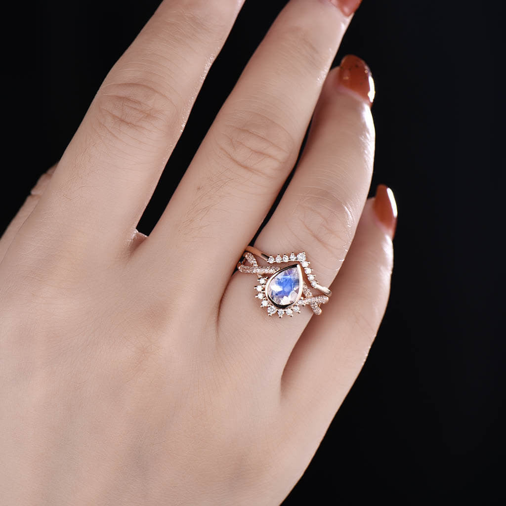 Moonstone Engagement Ring Rose gold Diamond Bridal Set 01-BBBGEM Infinity Twisted Moonstone Bridal Set