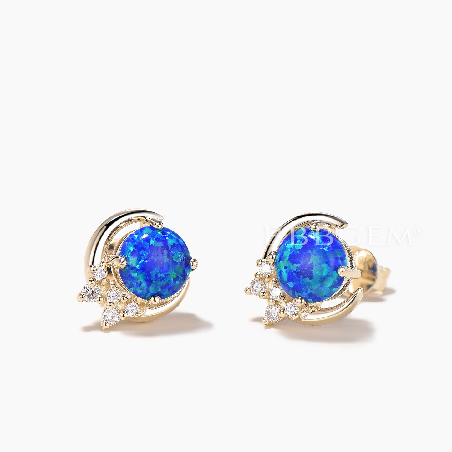 Round Cut Black Opal Moon Stud Earrings Diamond Yellow Gold Wedding Earrings