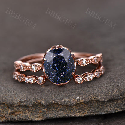 2pcs Blue Sandstone Diamond Bridal Set-BBBGEM 2pcs Blue Sandstone Diamond Bridal Set