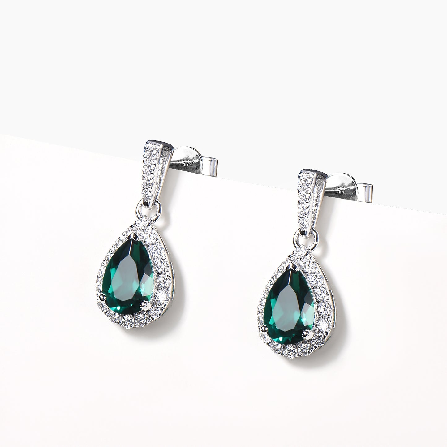 1.25CT Teardrop Cut Emerald Drop Earrings Diamond Halo White Gold Earrings