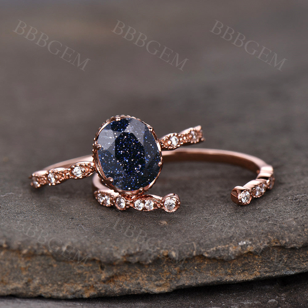 8x10mm Oval Cut Blue Sandstone Ring-BBBGEM 2pcs Blue Sandstone Diamond Bridal Set