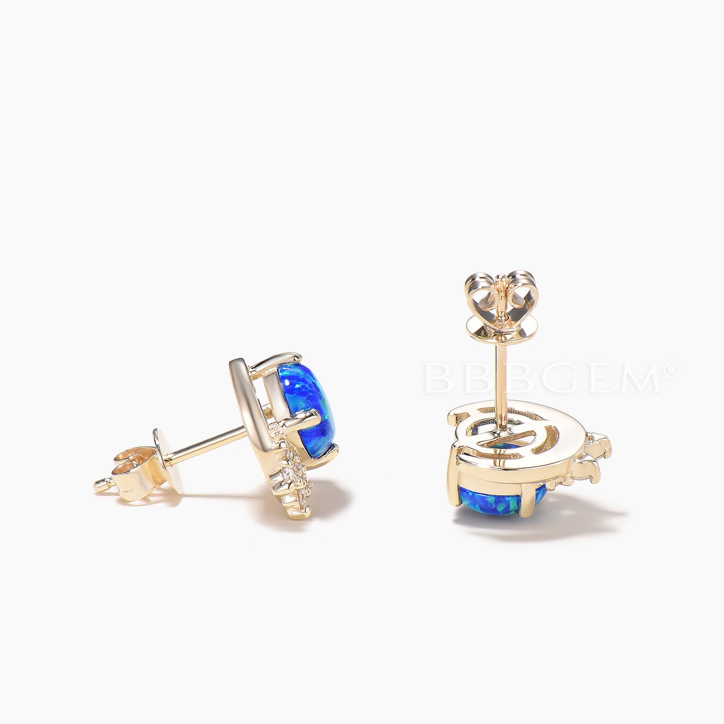 Round Cut Black Opal Moon Stud Earrings Diamond Yellow Gold Wedding Earrings