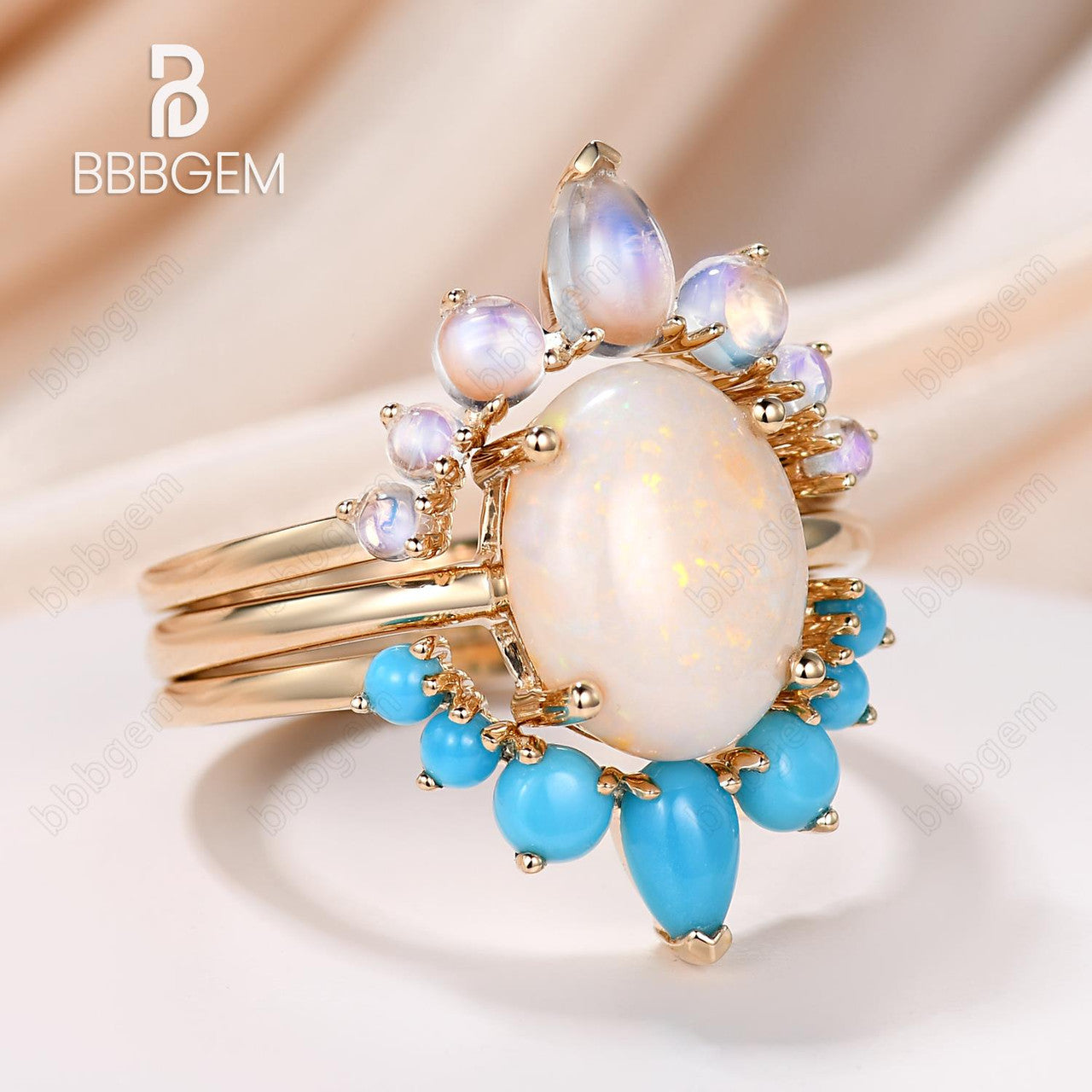 3pcs Vintage Opal Engagement Ring Bridal Set with Moonstone And Turquoise Matching Band 10k rose gold