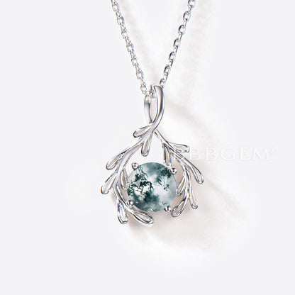 Vine Wrap Necklace 7mm Round Natural Moss Agate Bridal Pendant Necklace