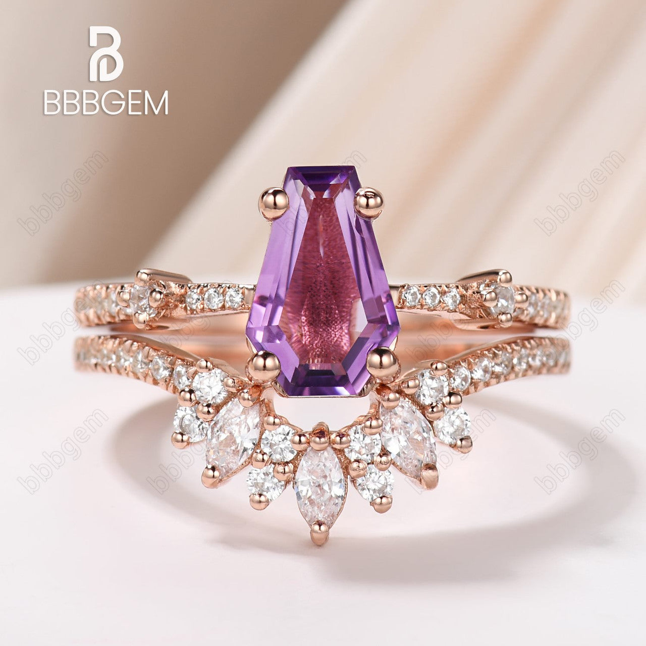 Purple coffin ring set-cofiin crystal ring-rose gold amethyst cuffin cut ring set