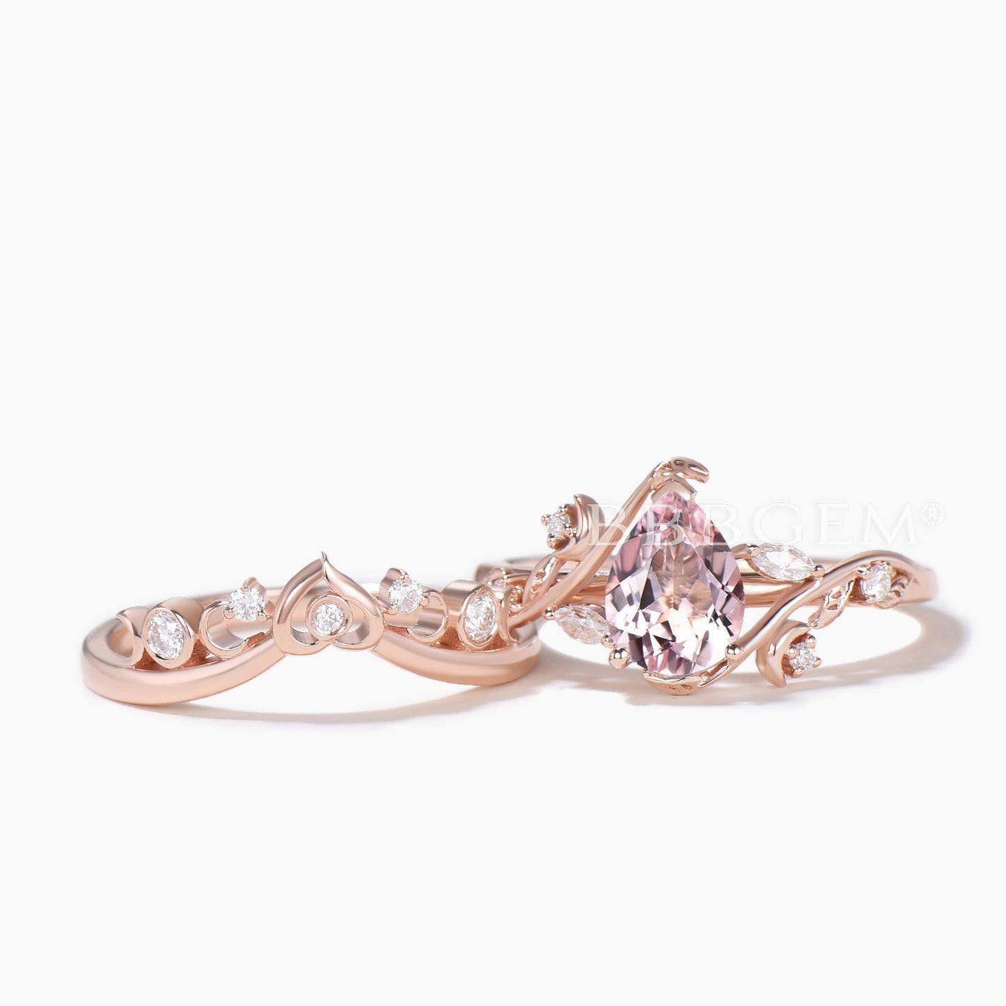 Pear Cut Natural Morganite Inspired Ring Bridal Set Diamond Moon Band