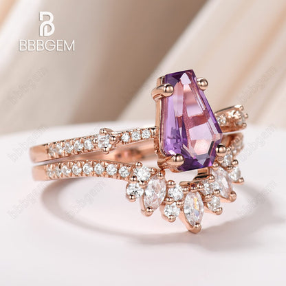 Purple coffin ring set-cofiin crystal ring-rose gold amethyst cuffin cut ring set