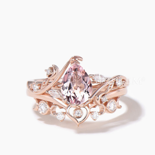 Pear Cut Natural Morganite Inspired Ring Bridal Set Diamond Moon Band