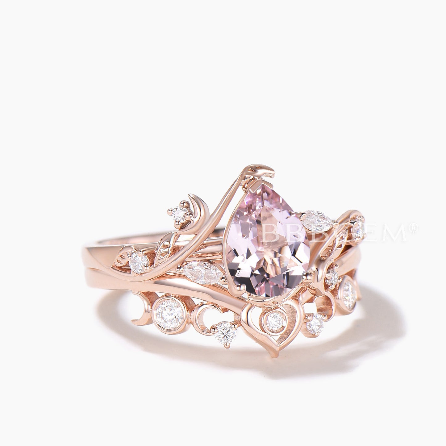 Pear Cut Natural Morganite Inspired Ring Bridal Set Diamond Moon Band