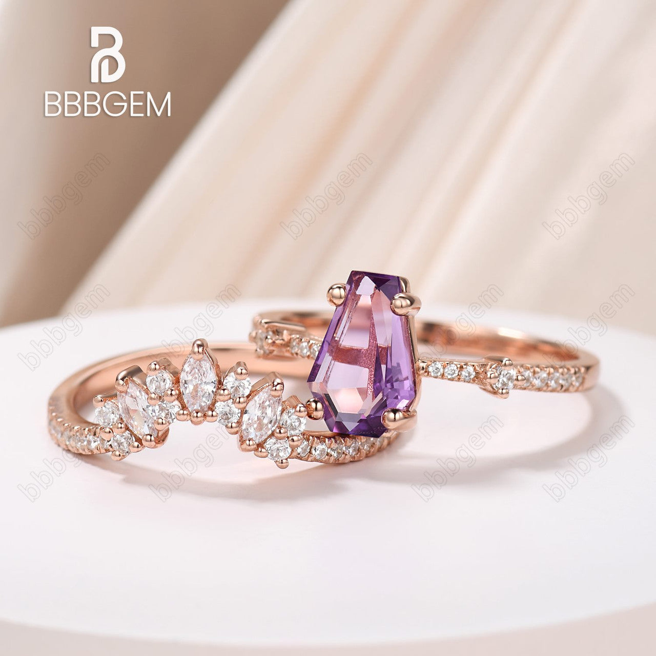 Purple coffin ring set-cofiin crystal ring-rose gold amethyst cuffin cut ring set