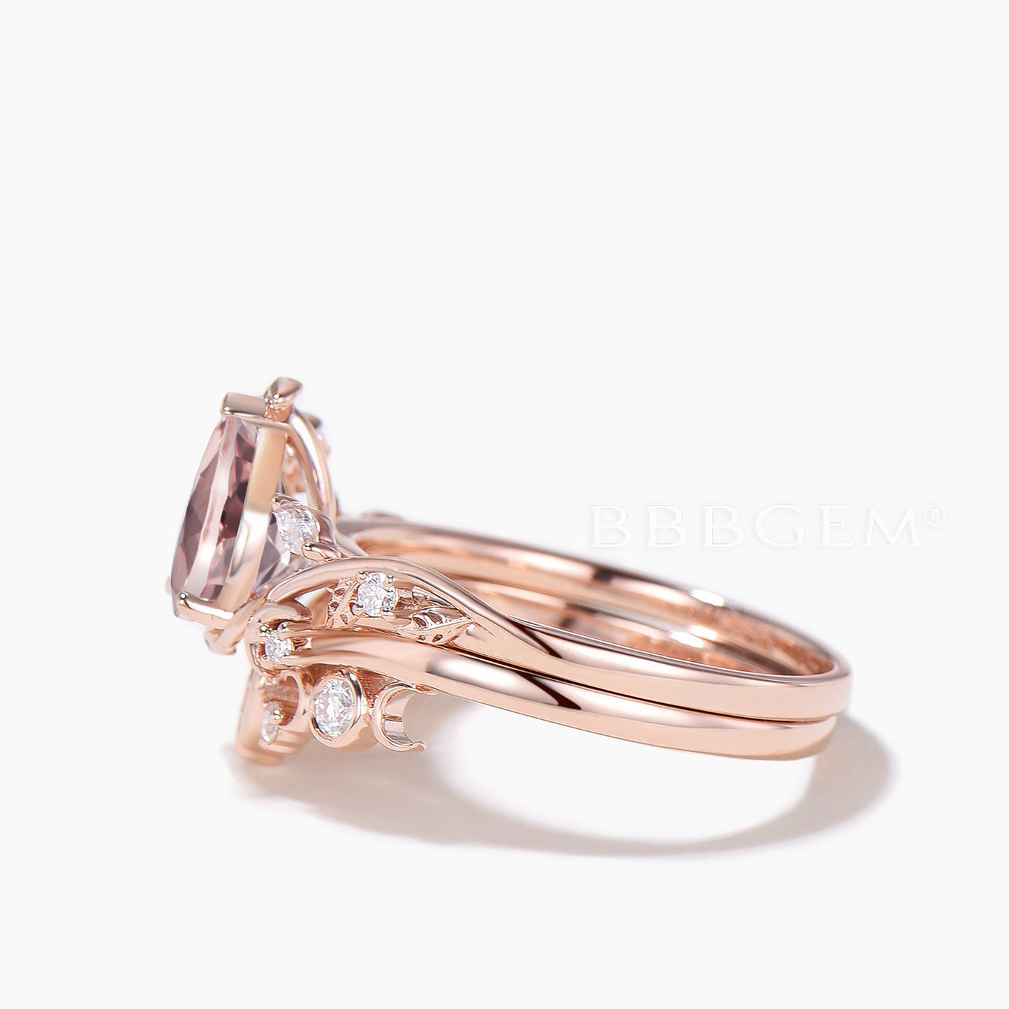 Pear Cut Natural Morganite Inspired Ring Bridal Set Diamond Moon Band