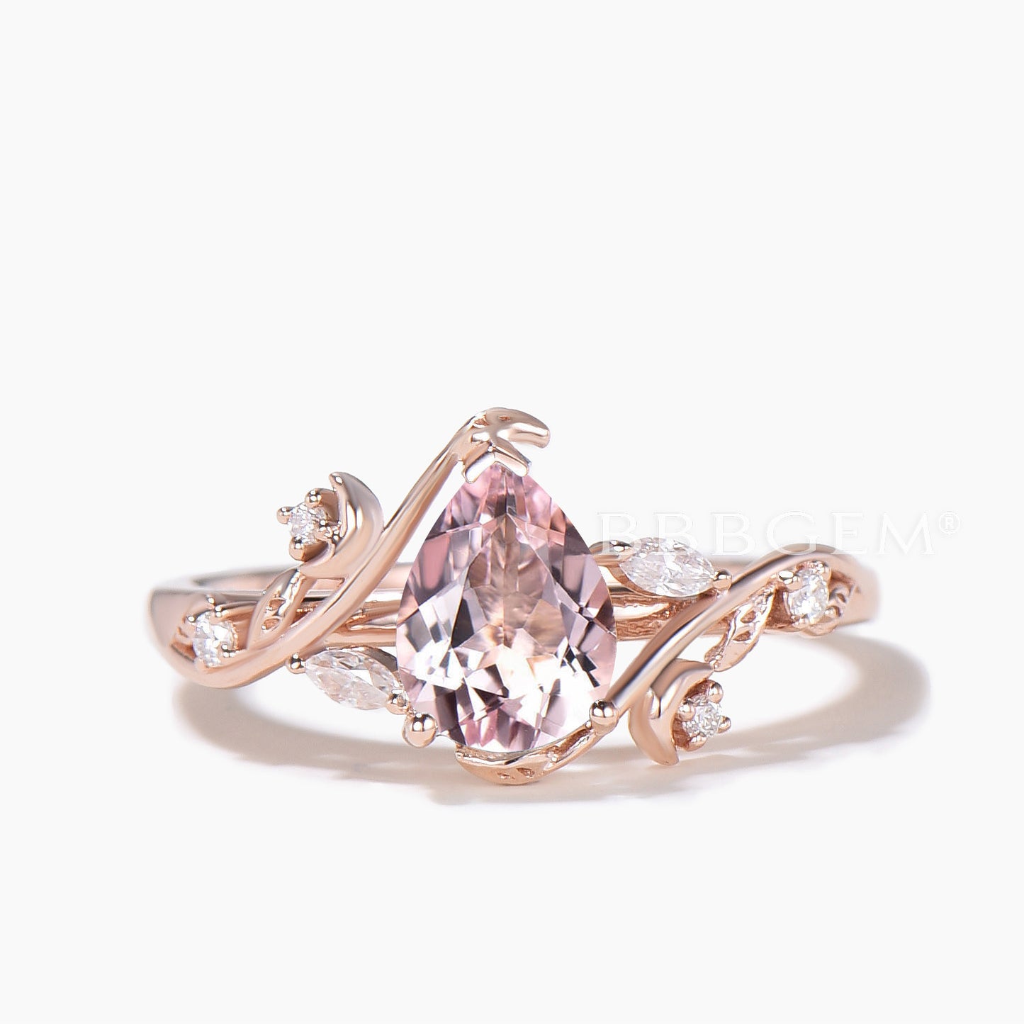 Pear Cut Natural Morganite Inspired Ring Bridal Set Diamond Moon Band