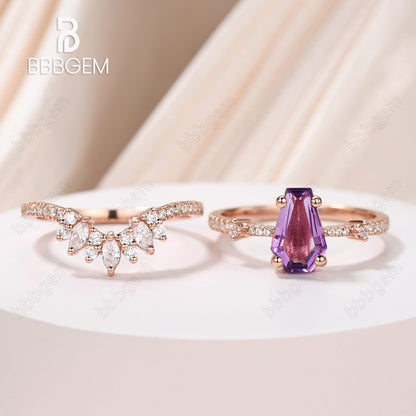 Purple coffin ring set-cofiin crystal ring-rose gold amethyst cuffin cut ring set