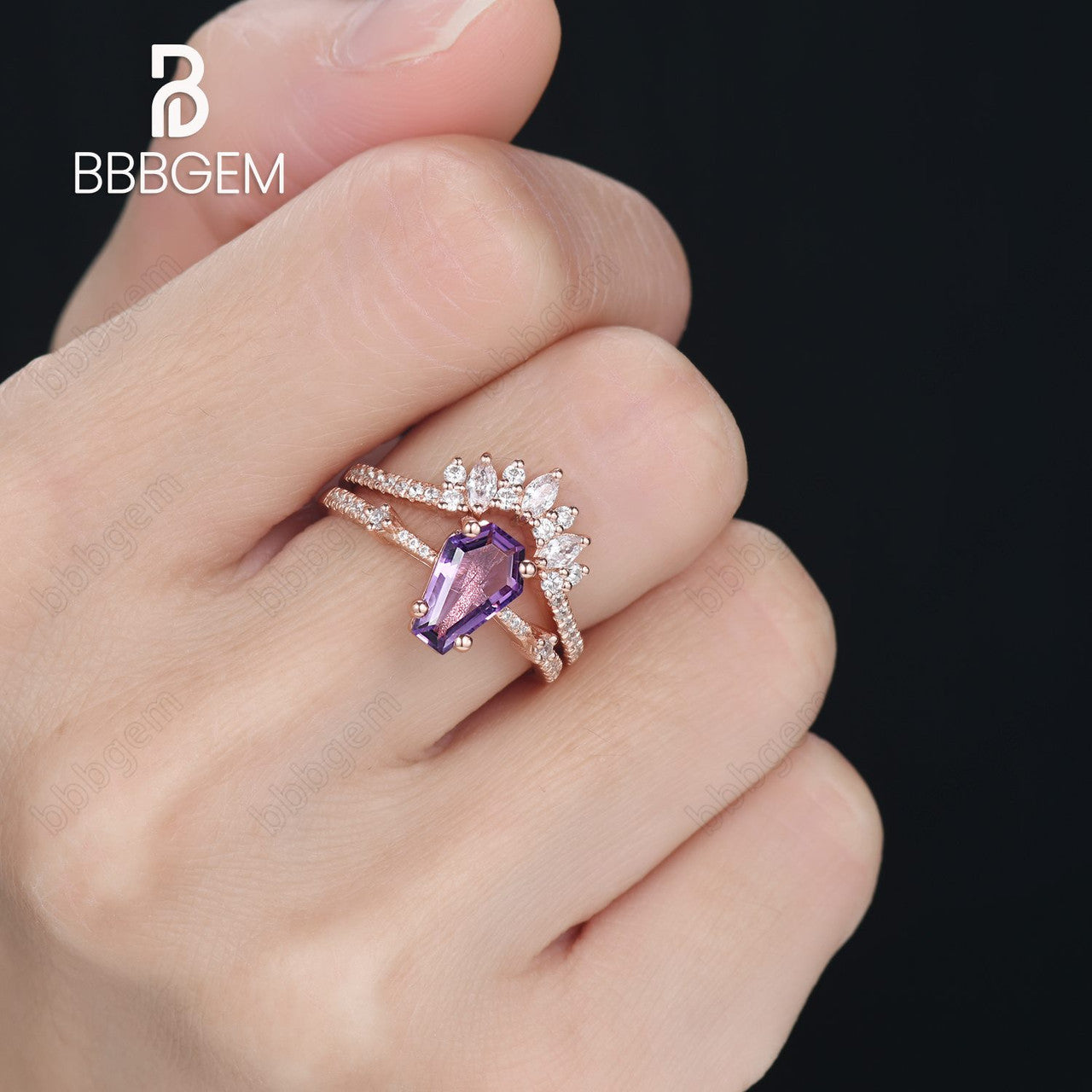 Purple coffin ring set-cofiin crystal ring-rose gold amethyst cuffin cut ring set