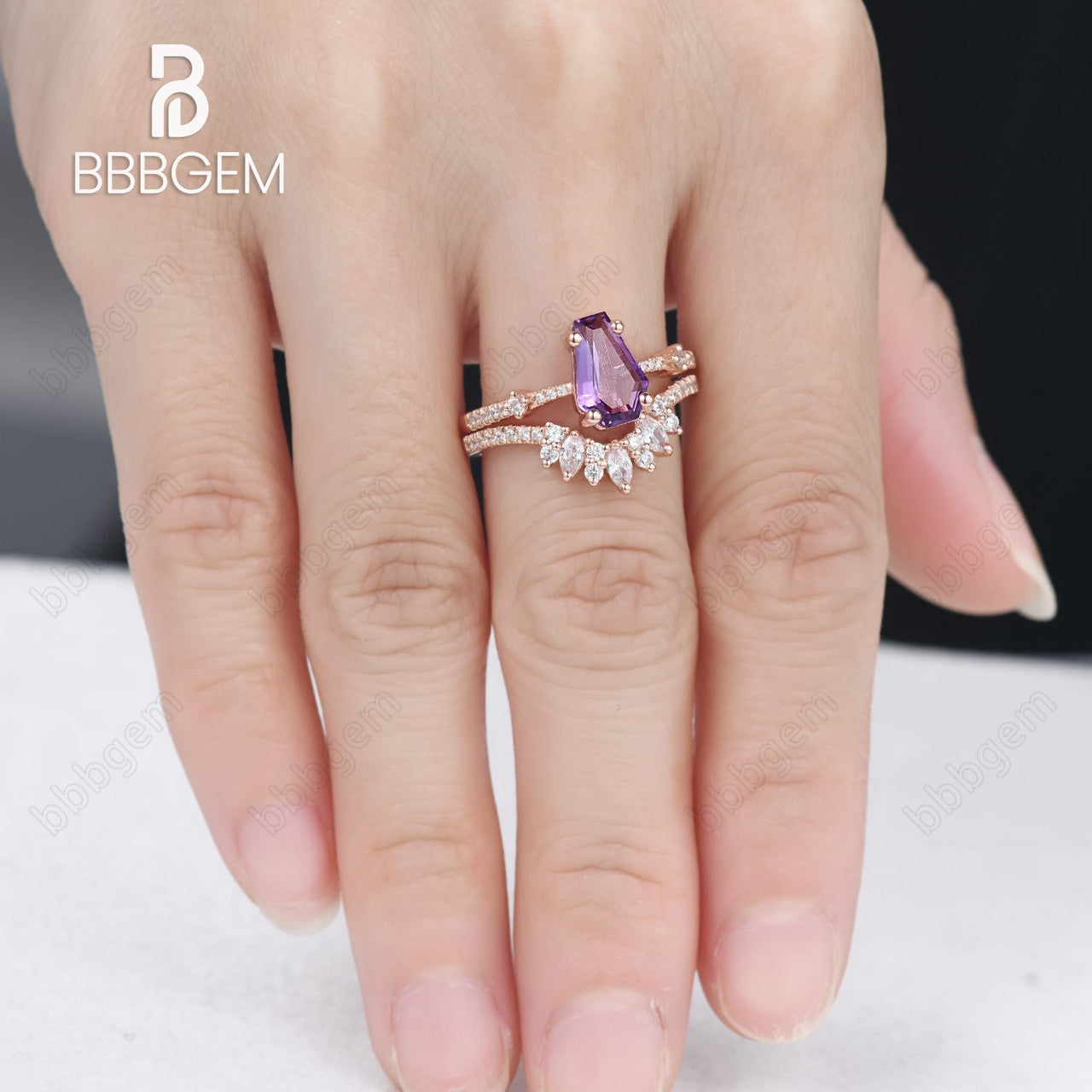 Purple coffin ring set-cofiin crystal ring-rose gold amethyst cuffin cut ring set