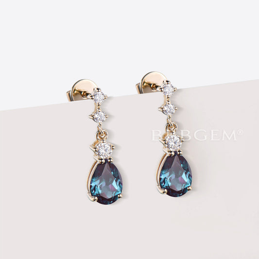 Pear Shaped Alexandrite Dangle Earrings Color-Change Drop Earrings