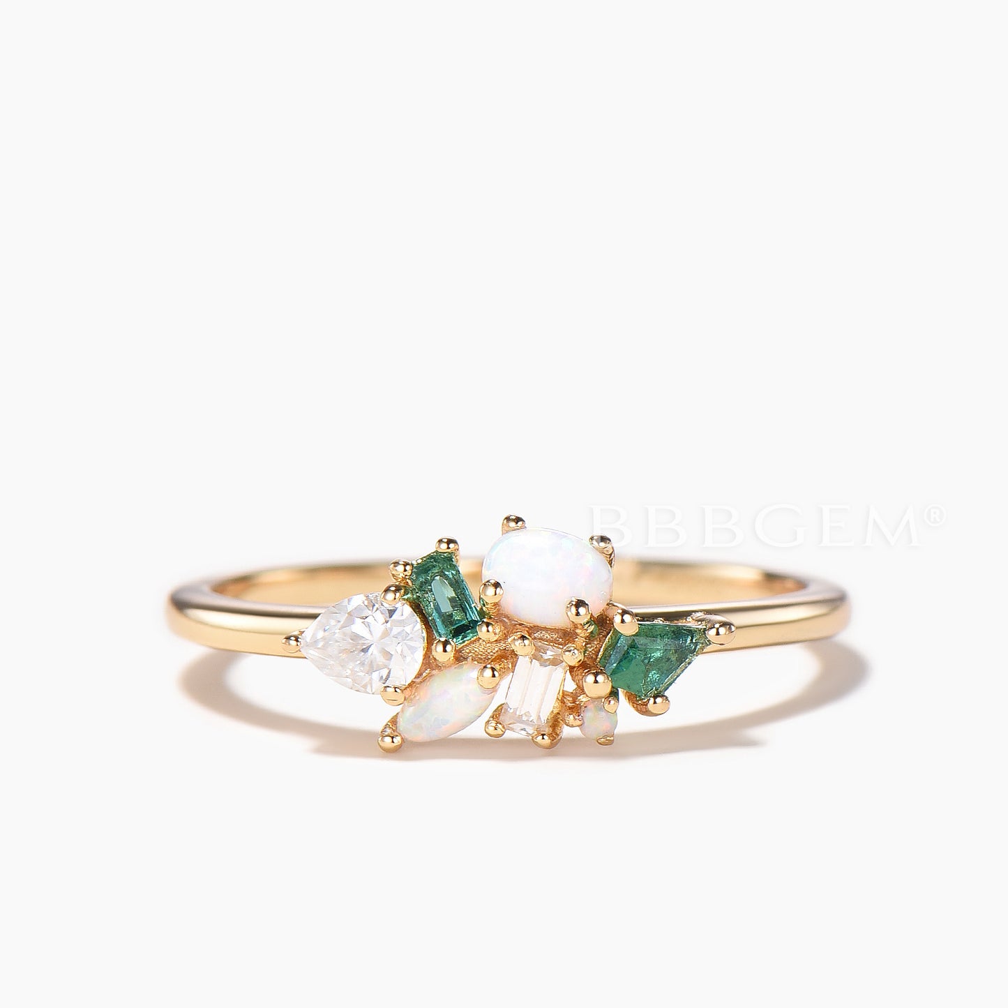 Multi-gems Cluster Ring Mixed Cut Opal Moissanite Emerald Stacking Dainty Band
