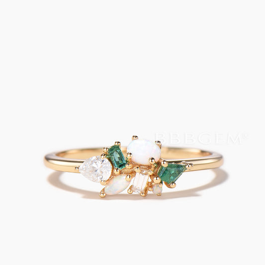 Multi-gems Cluster Ring Mixed Cut Opal Moissanite Emerald Stacking Dainty Band