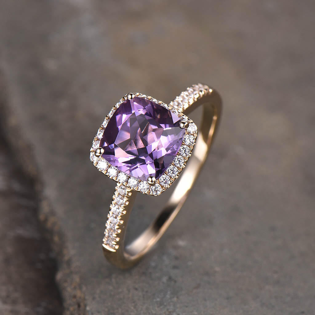 Amethyst diamond halo engagement ring yellow gold 02