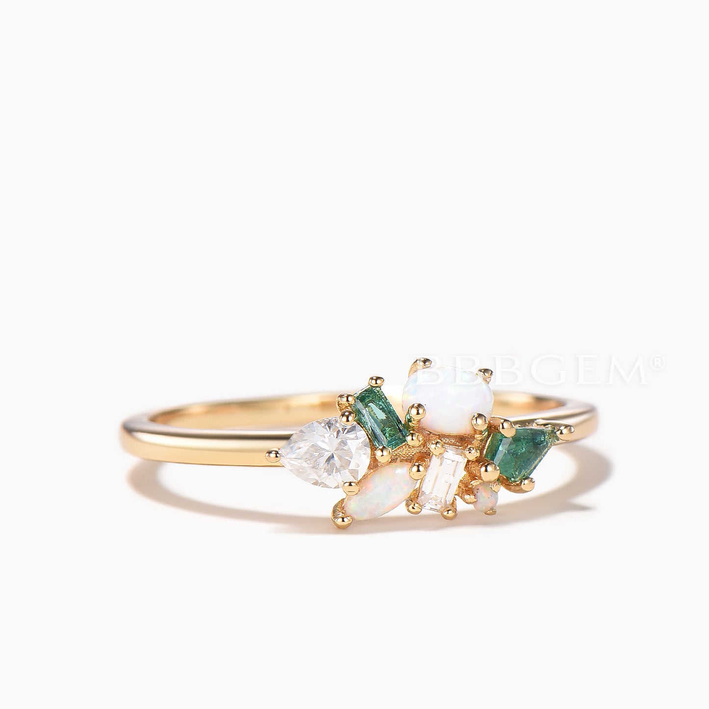Multi-gems Cluster Ring Mixed Cut Opal Moissanite Emerald Stacking Dainty Band