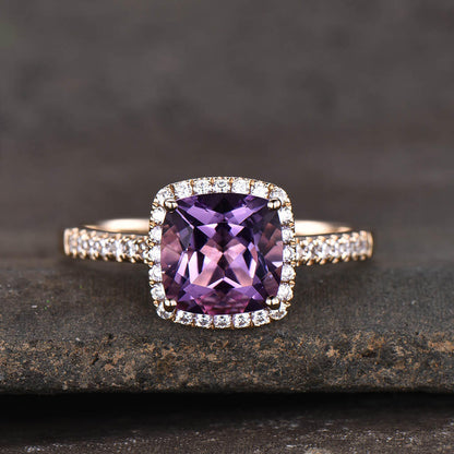 Amethyst diamond halo engagement ring yellow gold 0