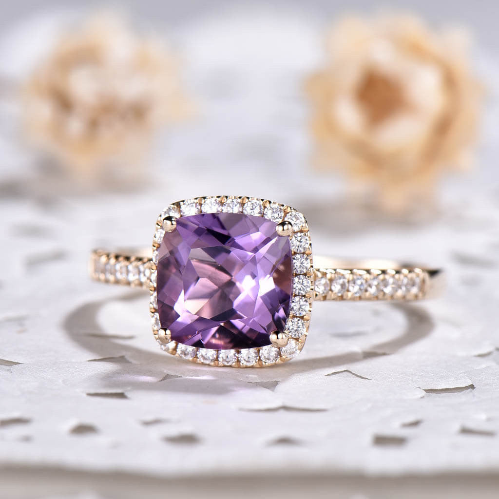 Amethyst diamond halo engagement ring yellow gold 04