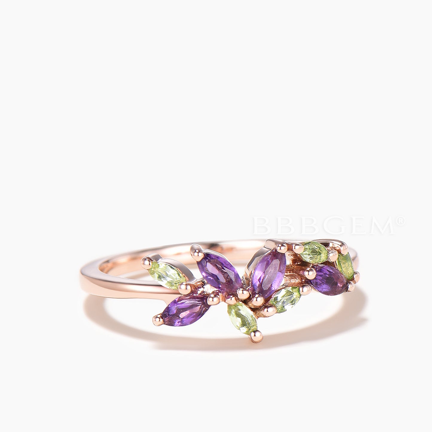 Marquise Cut Natural Amethyst Wedding Band Peridot Cluster Rose Gold Ring