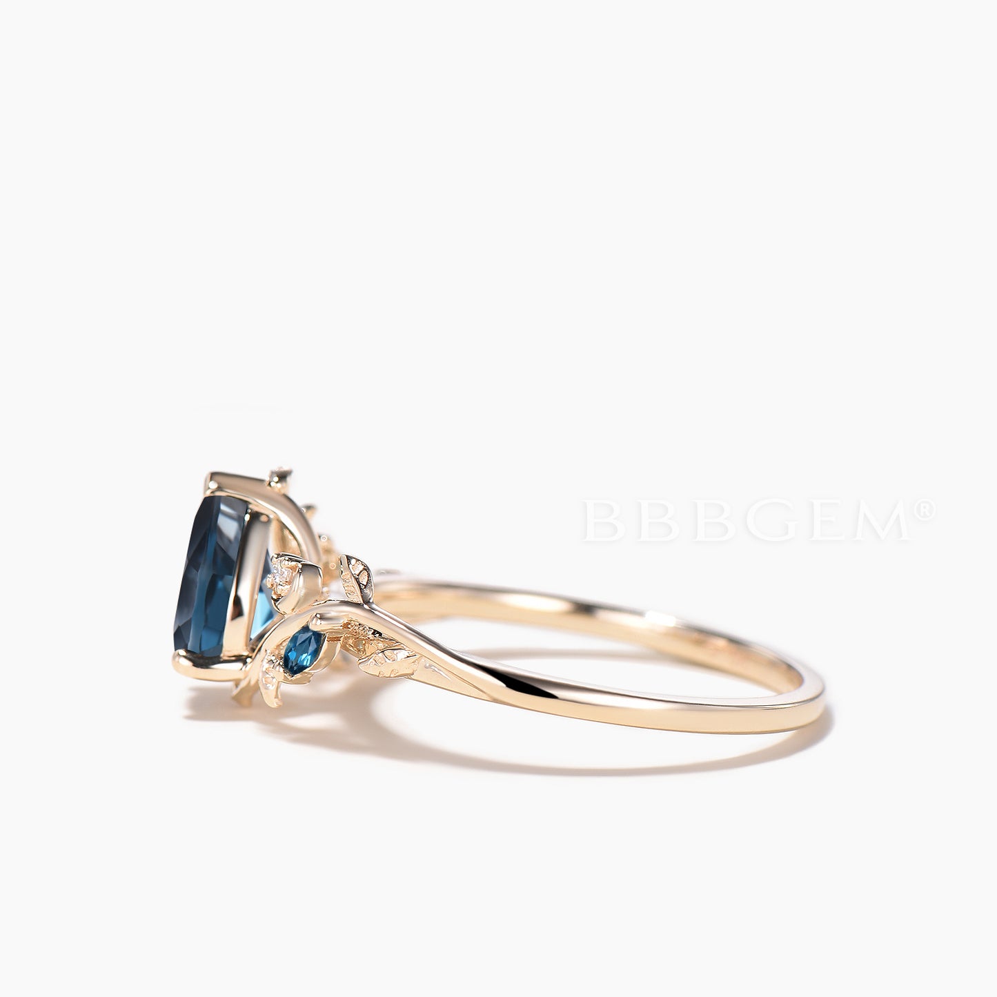 1.25CT Teardrop Cut Natural London Blue Topaz Engagement Ring Moissanite Leaf Ring
