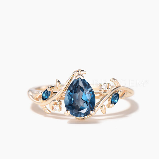 1.25CT Teardrop Cut Natural London Blue Topaz Engagement Ring Moissanite Leaf Ring