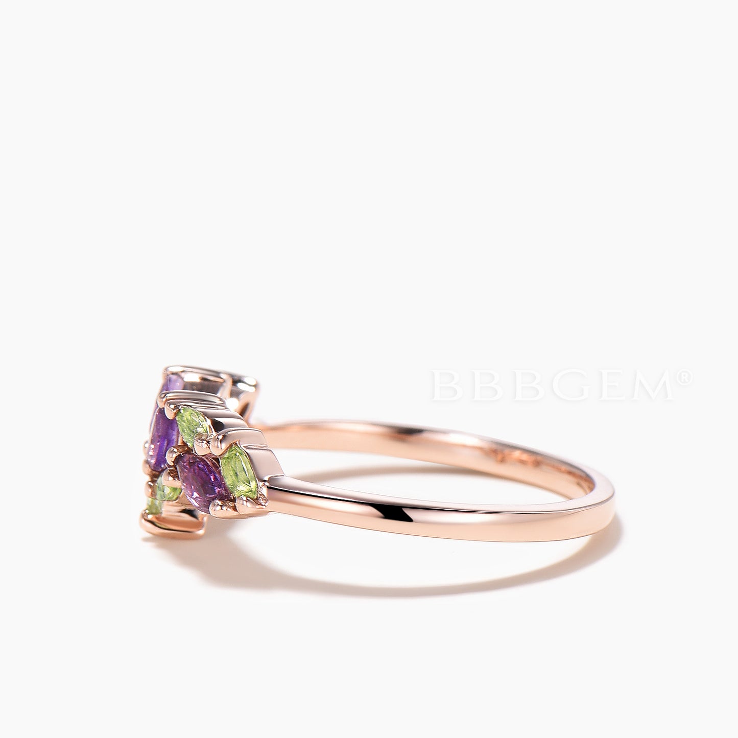 Marquise Cut Natural Amethyst Wedding Band Peridot Cluster Rose Gold Ring