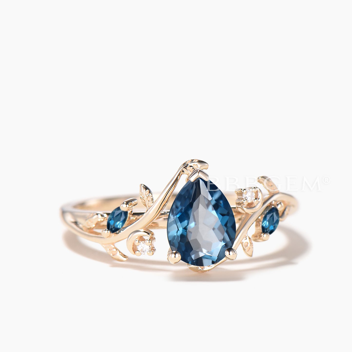 1.25CT Teardrop Cut Natural London Blue Topaz Engagement Ring Moissanite Leaf Ring