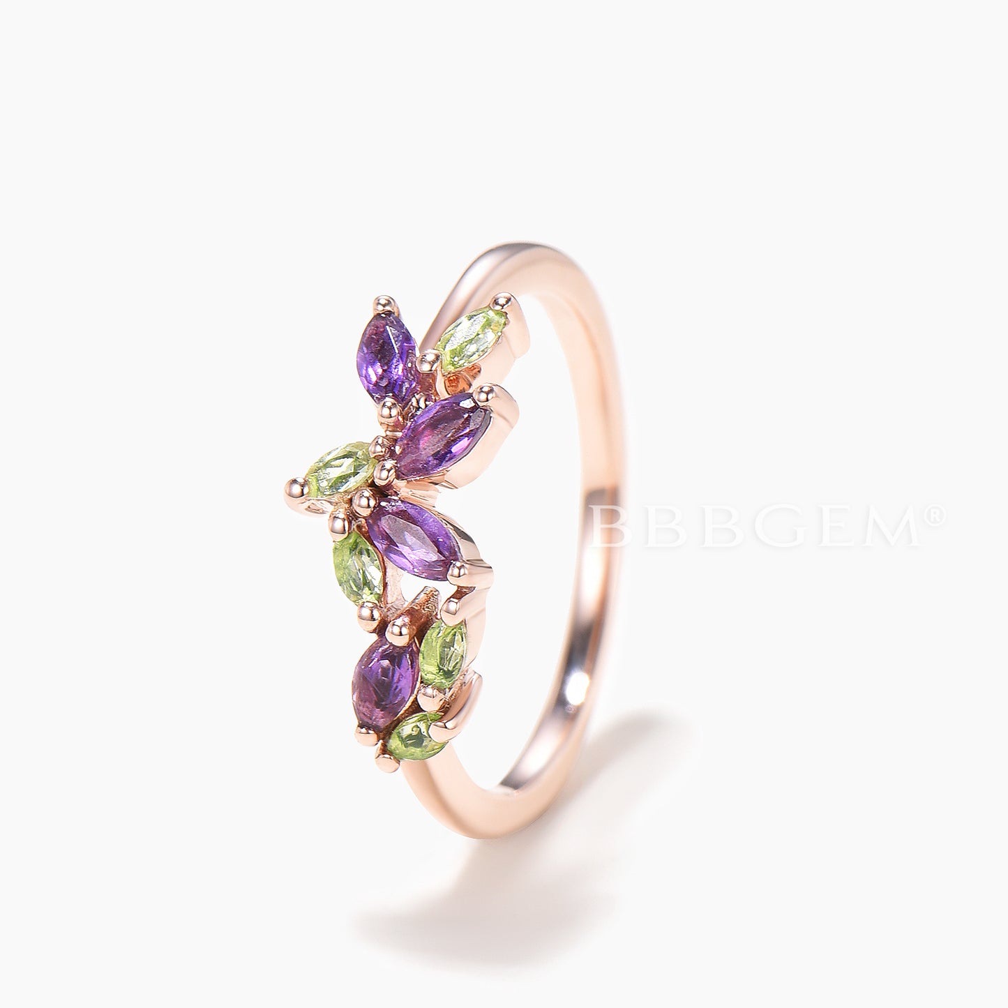 Marquise Cut Natural Amethyst Wedding Band Peridot Cluster Rose Gold Ring
