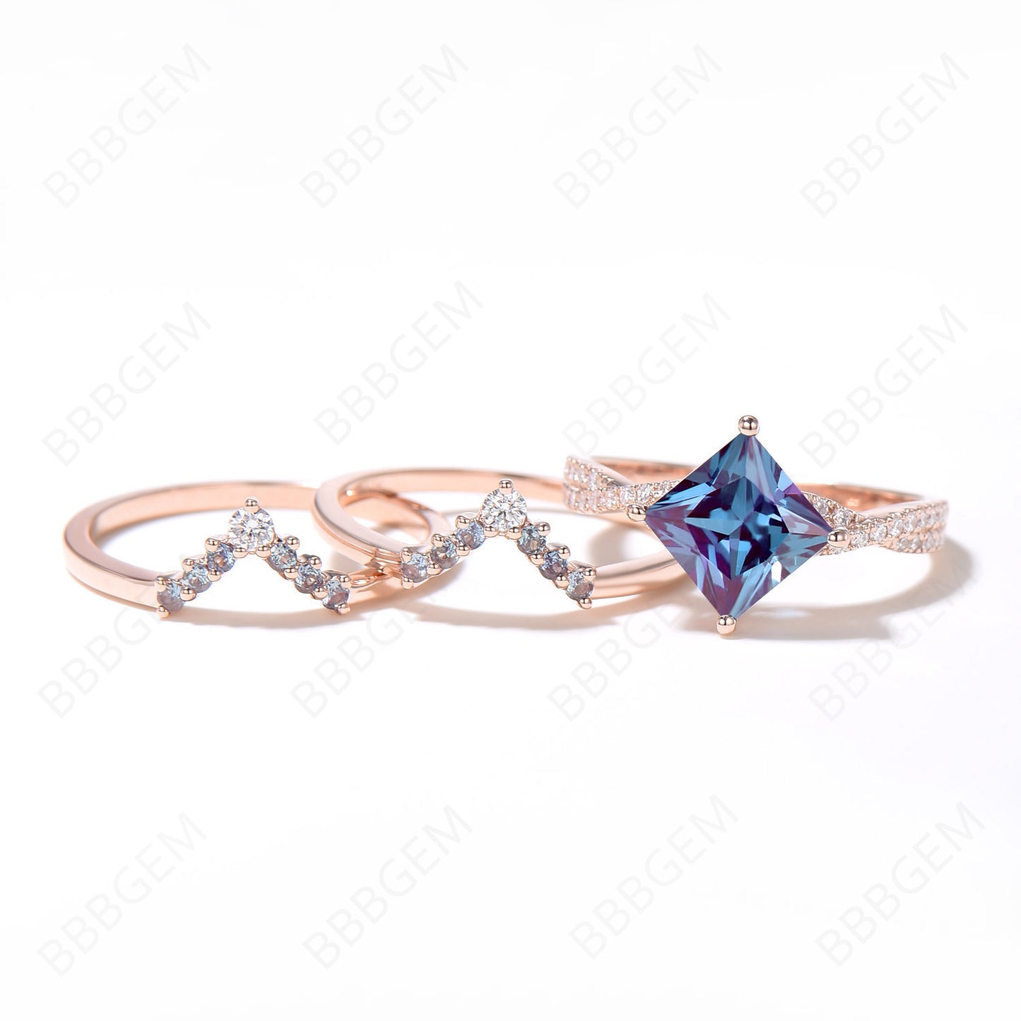 Unique 3pcs Alexandrite Engagement Ring Set Infinity Twist Moissanite Diamond Wedding Ring 14k Rose Gold Princess Cut Alexandrite Bridal Set