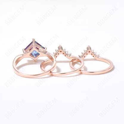 Unique 3pcs Alexandrite Engagement Ring Set Infinity Twist Moissanite Diamond Wedding Ring 14k Rose Gold Princess Cut Alexandrite Bridal Set