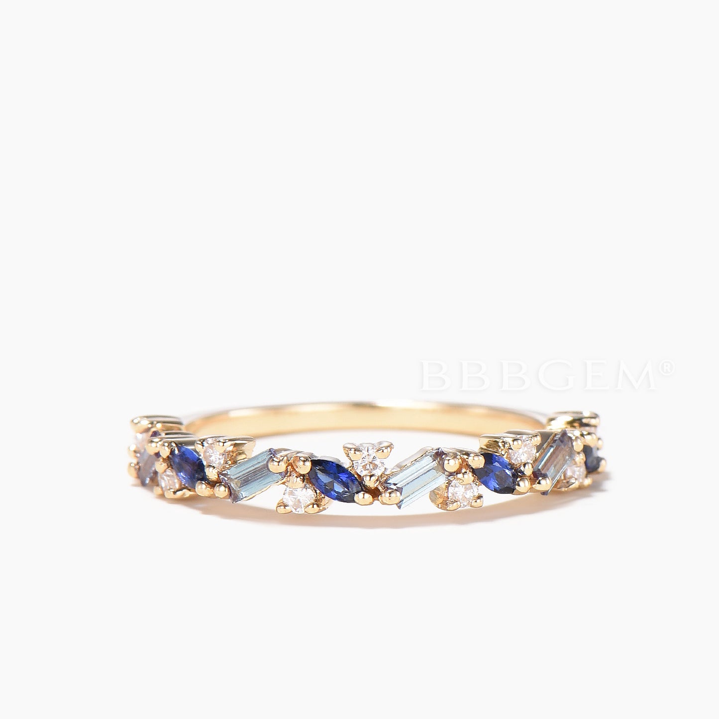 Mixed Cut Aquamarine Sapphire Diamond Wedding Ring Half Eternity Band