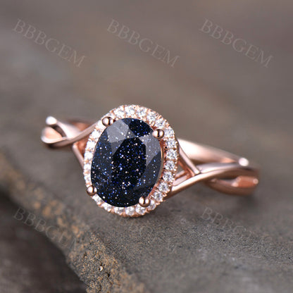 Diamond Halo Ring-BBBGEM Blue Sandstone Engagemnet Ring