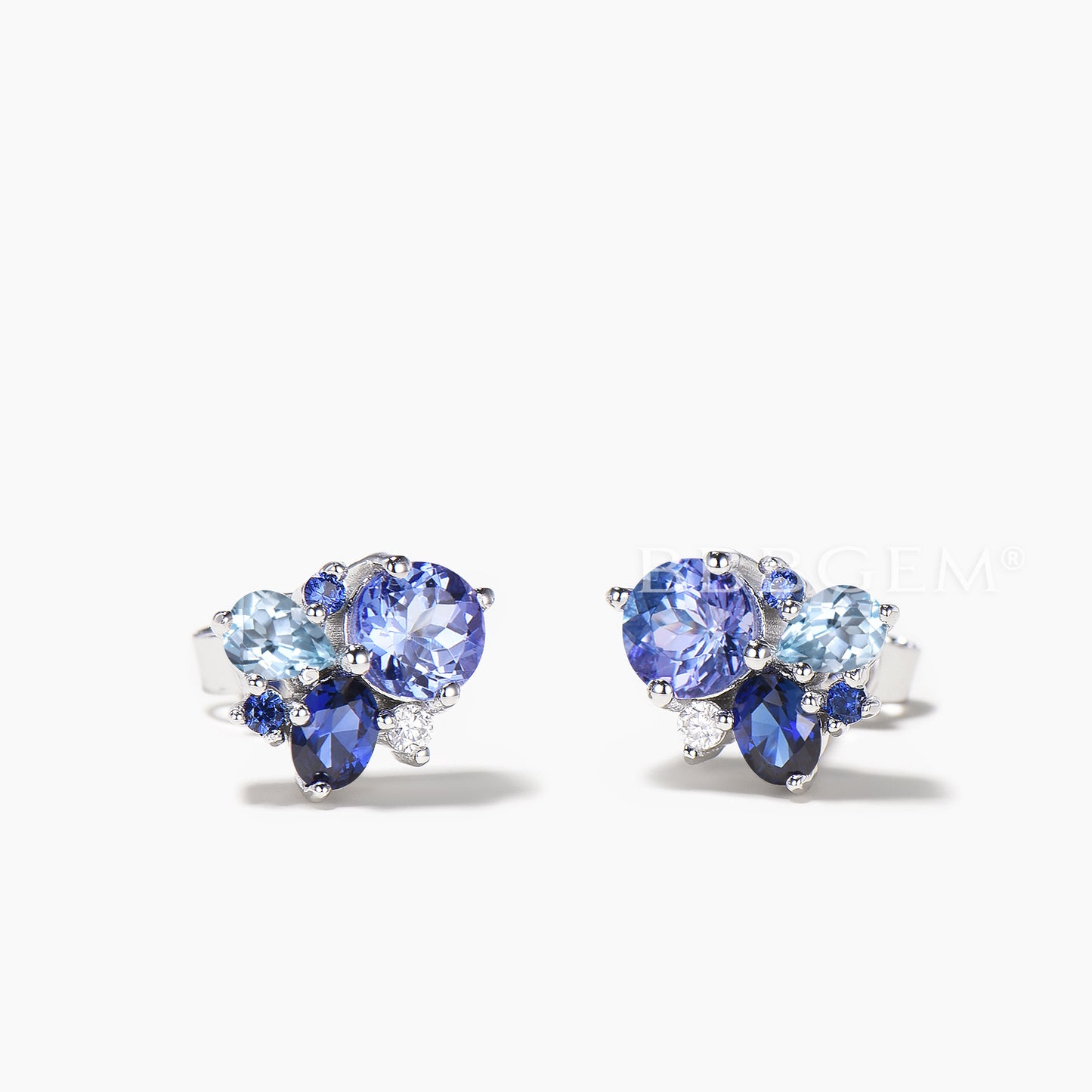 Round Cut Natural Tanzanite Stud Earrings Aquamarine Sapphire Cluster Earrings