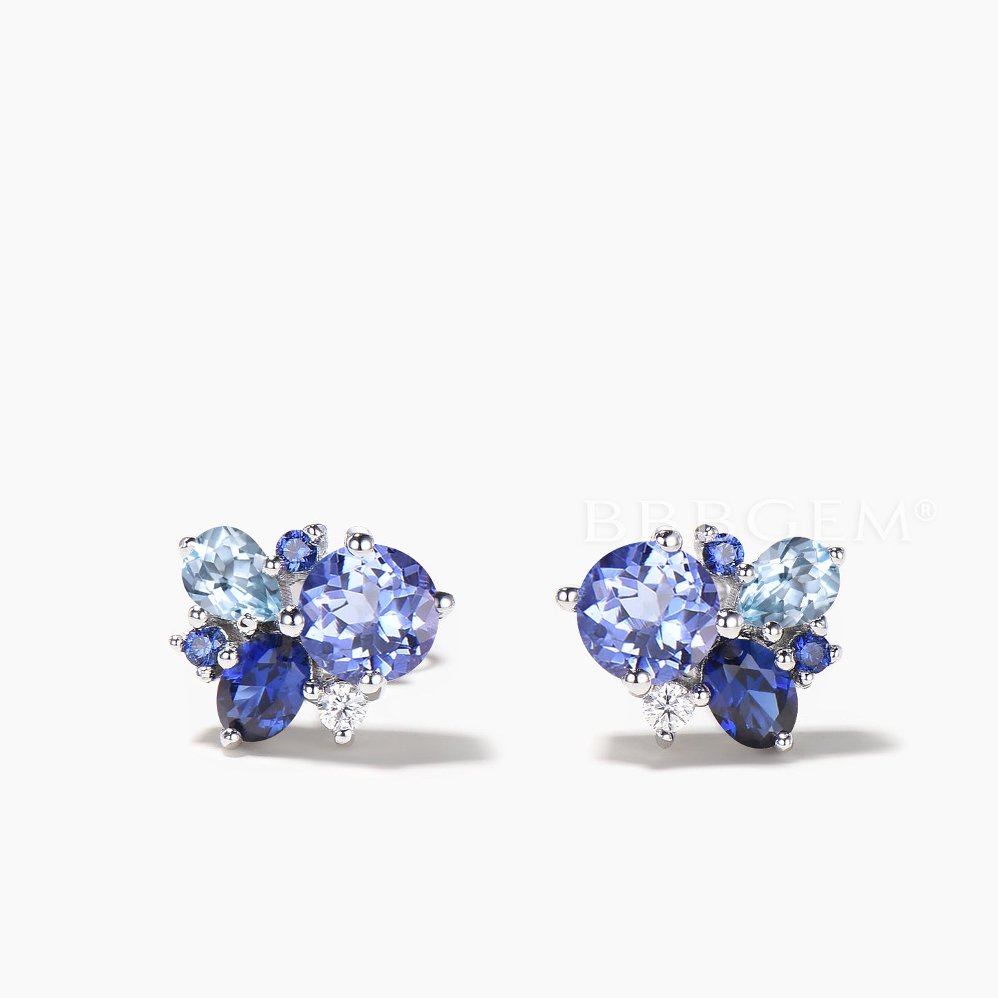 Round Cut Natural Tanzanite Stud Earrings Aquamarine Sapphire Cluster Earrings